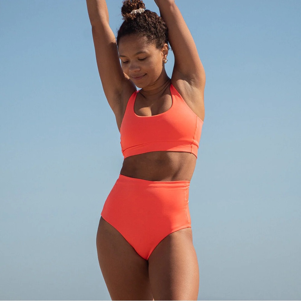 Left On Friday Vibrant Orange Scoop Swim Top and high waist bottoms